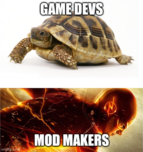 Mod makers are faster than game devs | GAME DEVS; MOD MAKERS | image tagged in slow vs fast meme,gaming | made w/ Imgflip meme maker