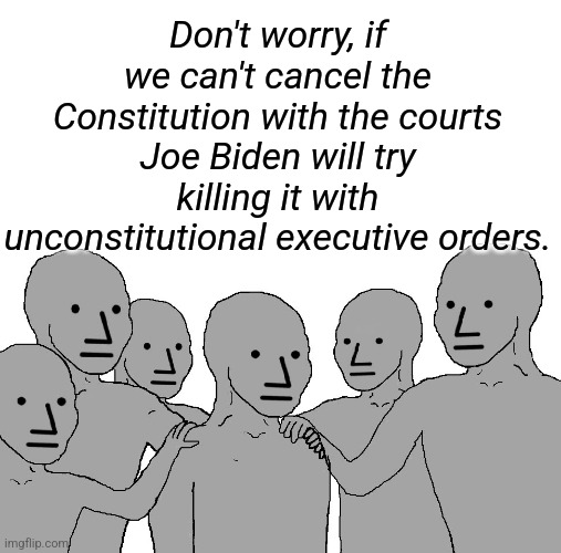 And if that doesn't work we can count on the UN and WHO and WEF or the CDC or Antifa or riots or... | Don't worry, if we can't cancel the Constitution with the courts Joe Biden will try killing it with unconstitutional executive orders. | image tagged in npc wojak | made w/ Imgflip meme maker