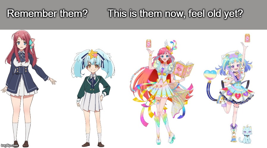 I love Zombieland Saga and i don't watch PriMagi but ngl the mcs look like Sakura (pinkhair) and Lily (blue hair) from ZLS ngl | Remember them?       This is them now, feel old yet? | image tagged in zombieland saga,primagi | made w/ Imgflip meme maker