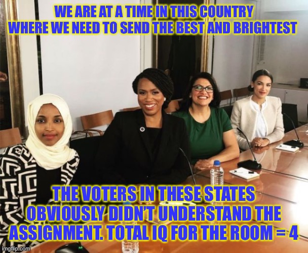 4 useless libs destroying America | WE ARE AT A TIME IN THIS COUNTRY WHERE WE NEED TO SEND THE BEST AND BRIGHTEST; THE VOTERS IN THESE STATES OBVIOUSLY DIDN’T UNDERSTAND THE ASSIGNMENT. TOTAL IQ FOR THE ROOM = 4 | image tagged in the squad | made w/ Imgflip meme maker