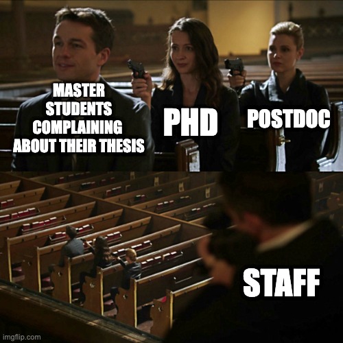 Tragedy in Academia |  MASTER STUDENTS COMPLAINING 
ABOUT THEIR THESIS; POSTDOC; PHD; STAFF | image tagged in assassination chain,phd,university | made w/ Imgflip meme maker