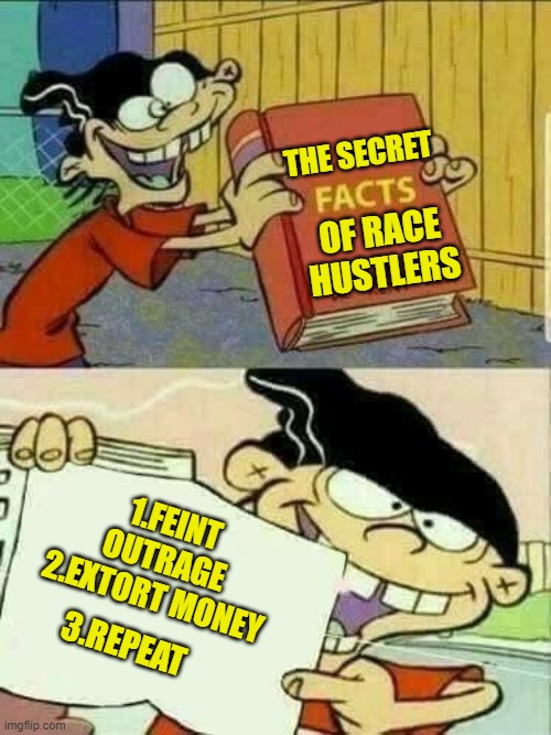 yep | OF RACE HUSTLERS THE SECRET 1.FEINT OUTRAGE 2.EXTORT MONEY 3.REPEAT | image tagged in double d facts book,democrats | made w/ Imgflip meme maker
