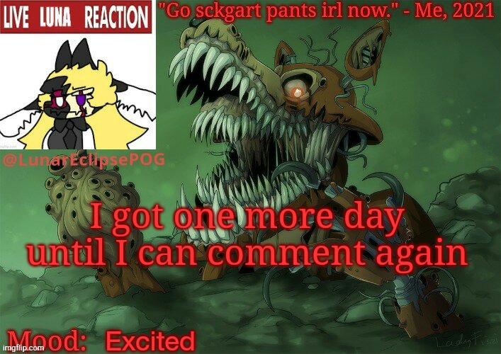 I can also change my name later today! :D | I got one more day until I can comment again; Excited | image tagged in luna's twisted foxy temp | made w/ Imgflip meme maker