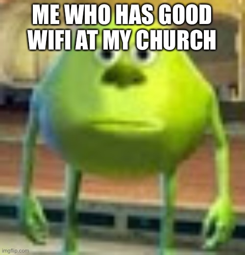 Sully Wazowski | ME WHO HAS GOOD WIFI AT MY CHURCH | image tagged in sully wazowski | made w/ Imgflip meme maker