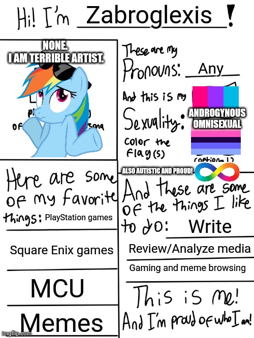 Thought I'd give this a try! | Zabroglexis; NONE.


 I AM TERRIBLE ARTIST. Any; ANDROGYNOUS OMNISEXUAL; ALSO AUTISTIC AND PROUD! PlayStation games; Write; Square Enix games; Review/Analyze media; Gaming and meme browsing; MCU; Memes | image tagged in lgbtq stream account profile | made w/ Imgflip meme maker