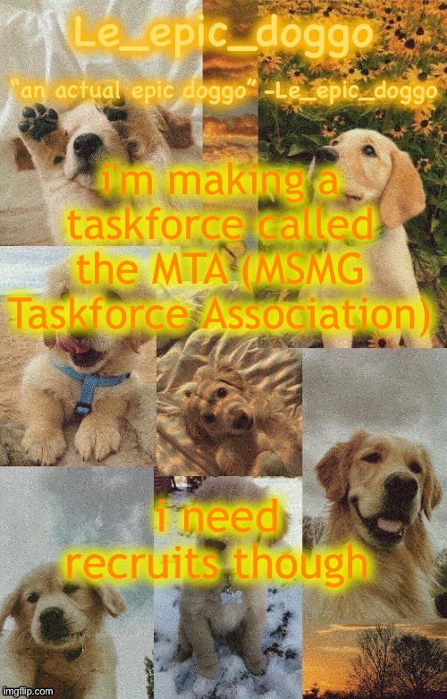 Doggo temp by doggo. Wait what that’s confusing | i'm making a taskforce called the MTA (MSMG Taskforce Association); i need recruits though | image tagged in doggo temp by doggo wait what that s confusing | made w/ Imgflip meme maker