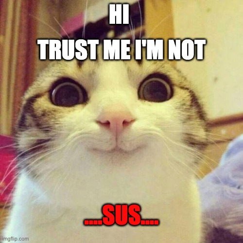 SUS | HI; TRUST ME I'M NOT; ....SUS.... | image tagged in memes,smiling cat | made w/ Imgflip meme maker