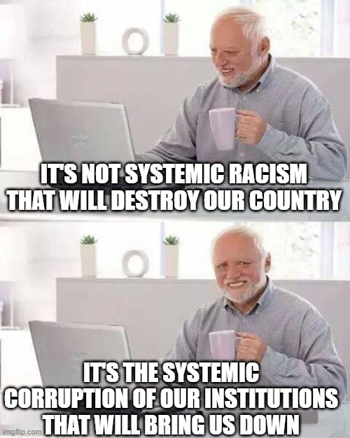 Hide the Pain Harold Meme | IT'S NOT SYSTEMIC RACISM THAT WILL DESTROY OUR COUNTRY; IT'S THE SYSTEMIC CORRUPTION OF OUR INSTITUTIONS THAT WILL BRING US DOWN | image tagged in memes,hide the pain harold | made w/ Imgflip meme maker