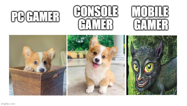 three corgis and the dog monster | MOBILE 
GAMER; CONSOLE
GAMER; PC GAMER | image tagged in three corgis and the dog monster | made w/ Imgflip meme maker