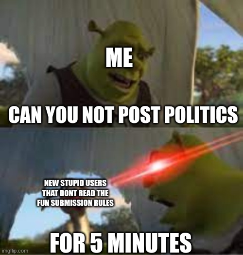 Can you stop for 5 minutes!? | ME; CAN YOU NOT POST POLITICS; NEW STUPID USERS THAT DONT READ THE FUN SUBMISSION RULES; FOR 5 MINUTES | image tagged in can you stop for 5 minutes,memes,funny | made w/ Imgflip meme maker