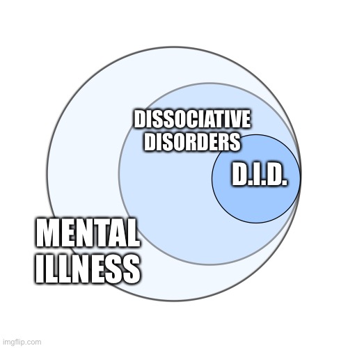 Dissociative Identity Disorder fact - not a personality disorder but a dissociative disorder | DISSOCIATIVE DISORDERS; D.I.D. MENTAL ILLNESS | image tagged in venn diagram 3 subsets inside colored,dissociative identity disorder,mental illness,dissociative | made w/ Imgflip meme maker