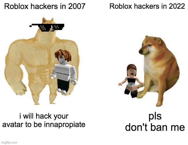 Roblox hackers change | Roblox hackers in 2007; Roblox hackers in 2022; i will hack your avatar to be innapropiate; pls don't ban me | image tagged in memes,buff doge vs cheems | made w/ Imgflip meme maker