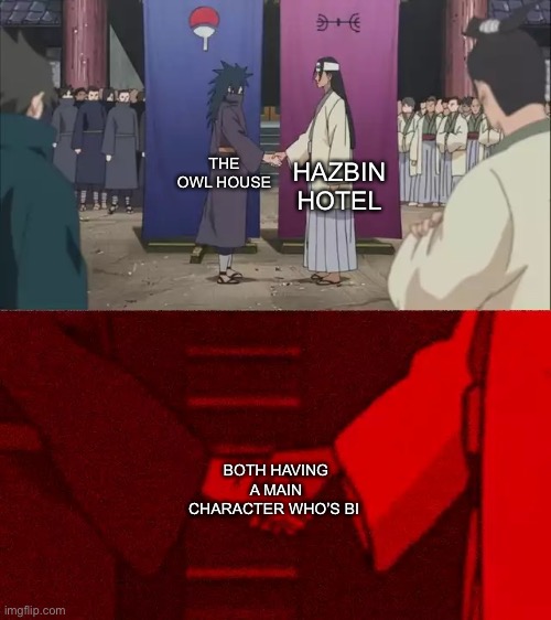 That’s why I love both shows. | HAZBIN HOTEL; THE OWL HOUSE; BOTH HAVING A MAIN CHARACTER WHO’S BI | image tagged in naruto handshake meme template | made w/ Imgflip meme maker