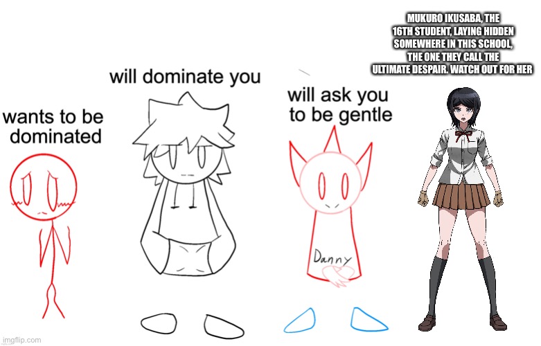 MUKURO IKUSABA, THE 16TH STUDENT, LAYING HIDDEN SOMEWHERE IN THIS SCHOOL, THE ONE THEY CALL THE ULTIMATE DESPAIR. WATCH OUT FOR HER | made w/ Imgflip meme maker