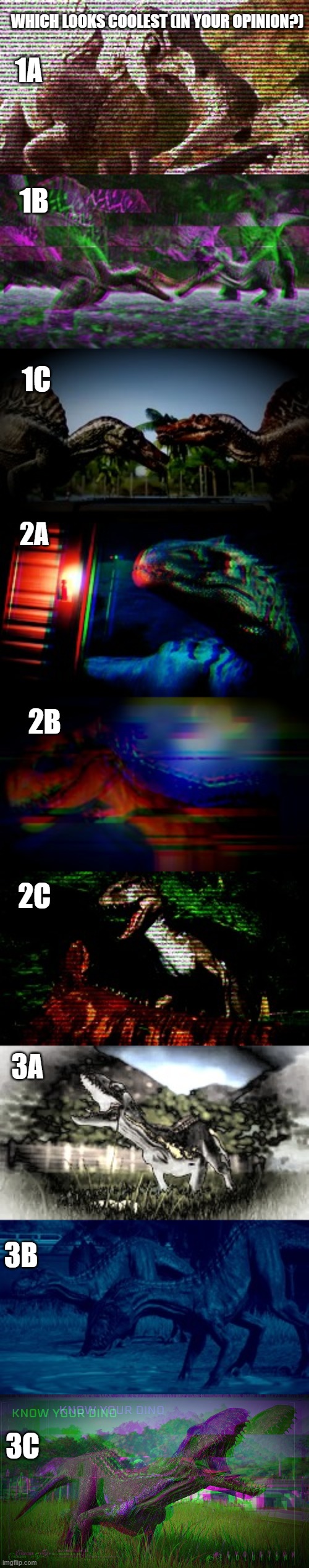 took me forever to make |  WHICH LOOKS COOLEST (IN YOUR OPINION?); 1A; 1B; 1C; 2A; 2B; 2C; 3A; 3B; 3C | image tagged in pick one | made w/ Imgflip meme maker