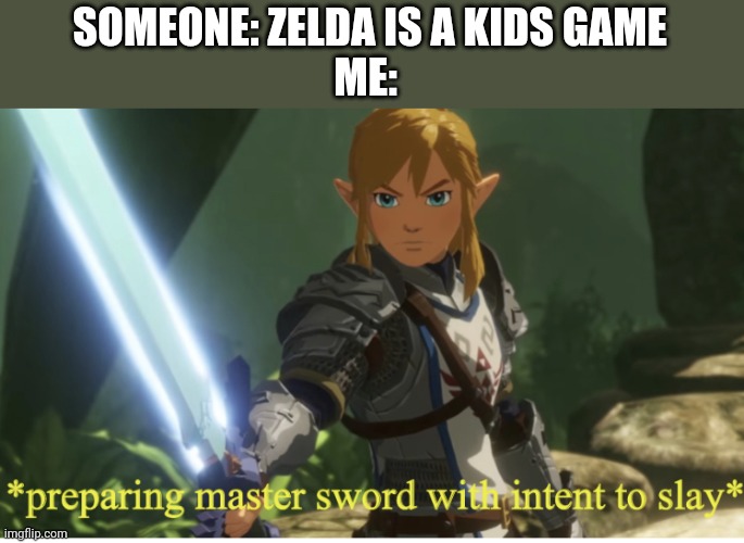 Preparing master sword with intent to slay | SOMEONE: ZELDA IS A KIDS GAME
ME: | image tagged in preparing master sword with intent to slay | made w/ Imgflip meme maker