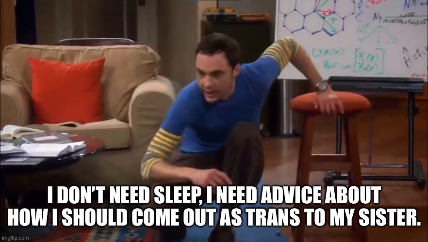 More info in comments | I DON’T NEED SLEEP, I NEED ADVICE ABOUT HOW I SHOULD COME OUT AS TRANS TO MY SISTER. | image tagged in i don't need sleep | made w/ Imgflip meme maker