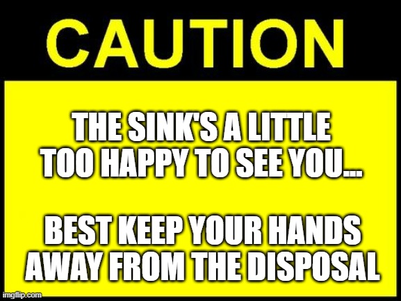 CAUTION | THE SINK'S A LITTLE TOO HAPPY TO SEE YOU... BEST KEEP YOUR HANDS AWAY FROM THE DISPOSAL | image tagged in caution | made w/ Imgflip meme maker