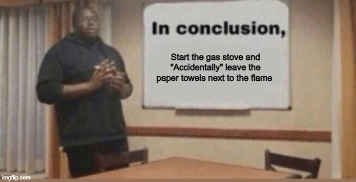 In Conclusion | Start the gas stove and "Accidentally" leave the paper towels next to the flame | image tagged in in conclusion | made w/ Imgflip meme maker