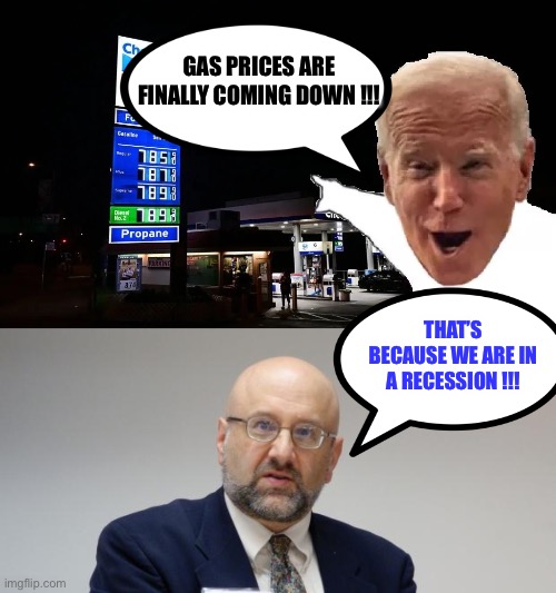 GAS PRICES ARE FINALLY COMING DOWN !!! THAT’S BECAUSE WE ARE IN A RECESSION !!! | image tagged in just lower the gas prices bro,disgusted economist | made w/ Imgflip meme maker