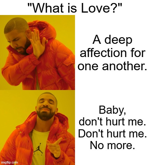 What is Love? | "What is Love?"; A deep affection for one another. Baby, don't hurt me.
Don't hurt me.
No more. | image tagged in memes,drake hotline bling,what is love | made w/ Imgflip meme maker