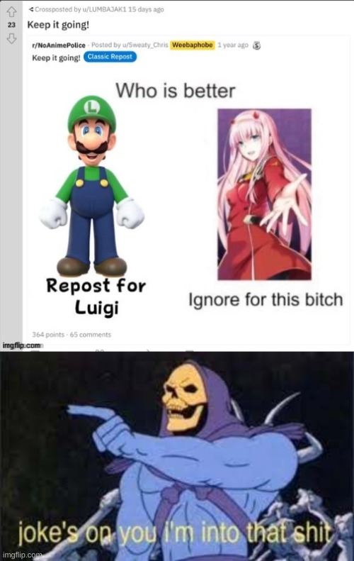 this counts for both luigi and zero two since both of them are cool | image tagged in jokes on you im into that shit | made w/ Imgflip meme maker
