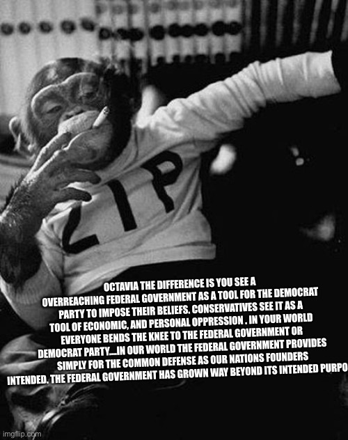 Zip the Smoking Chimp | OCTAVIA THE DIFFERENCE IS YOU SEE A OVERREACHING FEDERAL GOVERNMENT AS A TOOL FOR THE DEMOCRAT PARTY TO IMPOSE THEIR BELIEFS. CONSERVATIVES  | image tagged in zip the smoking chimp | made w/ Imgflip meme maker