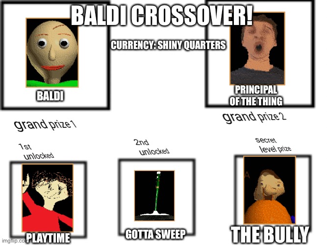 Dragon quest tactics event idea meme | BALDI CROSSOVER! CURRENCY: SHINY QUARTERS; PRINCIPAL OF THE THING; BALDI; THE BULLY; GOTTA SWEEP; PLAYTIME | image tagged in dragon quest tactics event idea meme | made w/ Imgflip meme maker