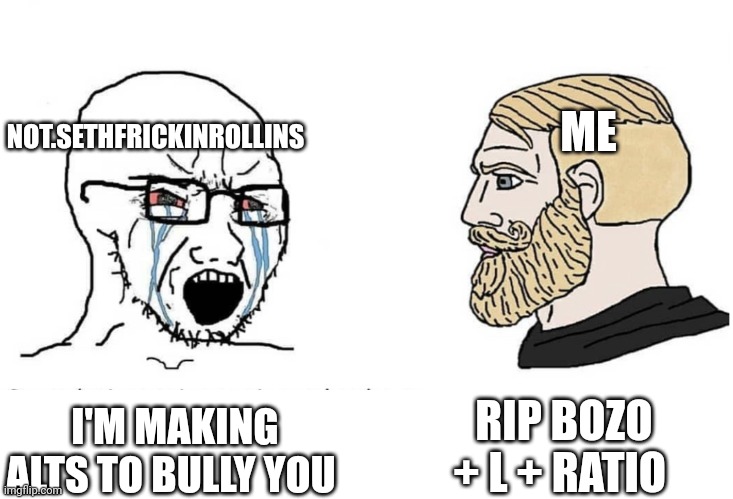 He's crying rn | NOT.SETHFRICKINROLLINS; ME; RIP BOZO + L + RATIO; I'M MAKING ALTS TO BULLY YOU | image tagged in soyboy vs yes chad | made w/ Imgflip meme maker