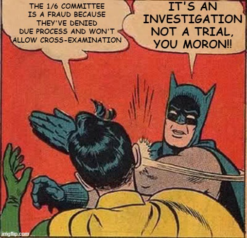 The problem with cultists | IT'S AN INVESTIGATION NOT A TRIAL, YOU MORON!! THE 1/6 COMMITTEE IS A FRAUD BECAUSE THEY'VE DENIED DUE PROCESS AND WON'T ALLOW CROSS-EXAMINATION | image tagged in memes,batman slapping robin | made w/ Imgflip meme maker