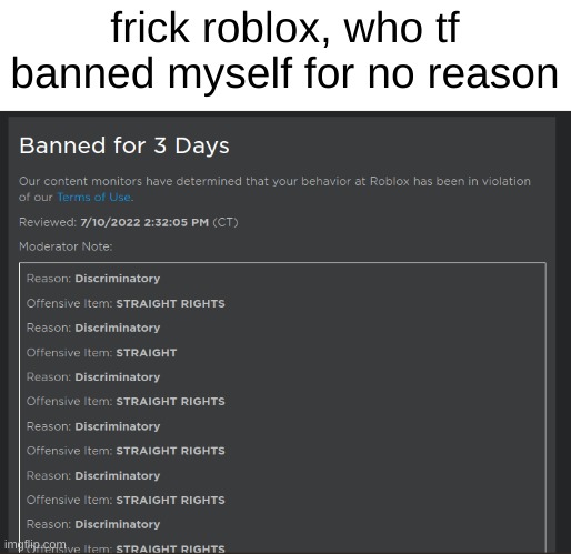 straight rights, i will report that person immediately | frick roblox, who tf banned myself for no reason | image tagged in straight,banned from roblox | made w/ Imgflip meme maker