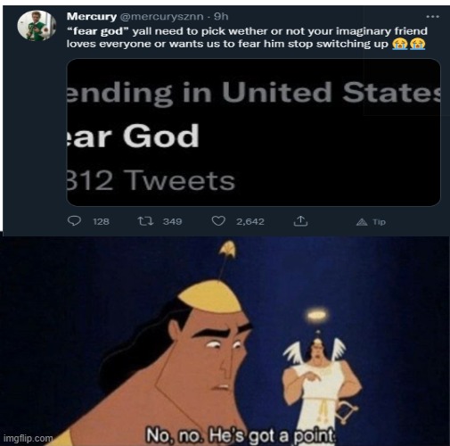 image tagged in christianity,false god,kronk,twitter,switch up | made w/ Imgflip meme maker