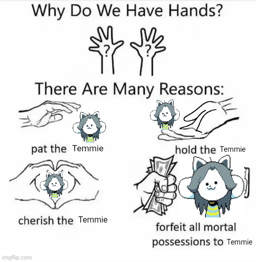 This is how I'll be remembered in this stream. I'll be known as the guy who loves the temmies for some reason | Temmie; Temmie; Temmie; Temmie | image tagged in why do we have hands all blank | made w/ Imgflip meme maker