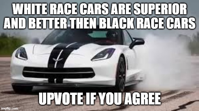 race car | WHITE RACE CARS ARE SUPERIOR AND BETTER THEN BLACK RACE CARS; UPVOTE IF YOU AGREE | image tagged in race car | made w/ Imgflip meme maker