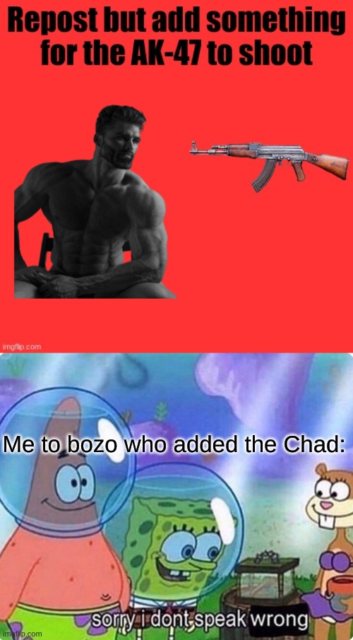 Why? Just why? | Me to bozo who added the Chad: | image tagged in sorry i don't speak wrong | made w/ Imgflip meme maker