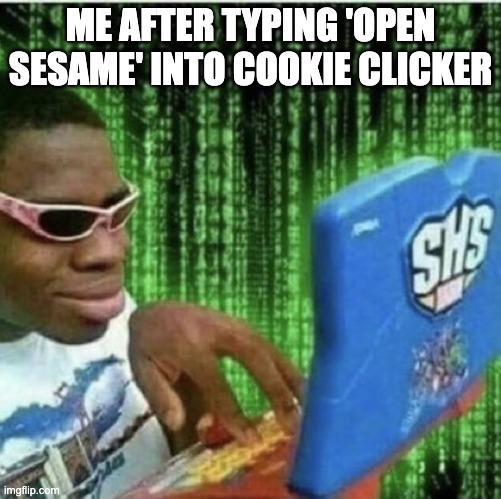 yes, indeed a hacker | ME AFTER TYPING 'OPEN SESAME' INTO COOKIE CLICKER | image tagged in ryan beckford,funny | made w/ Imgflip meme maker