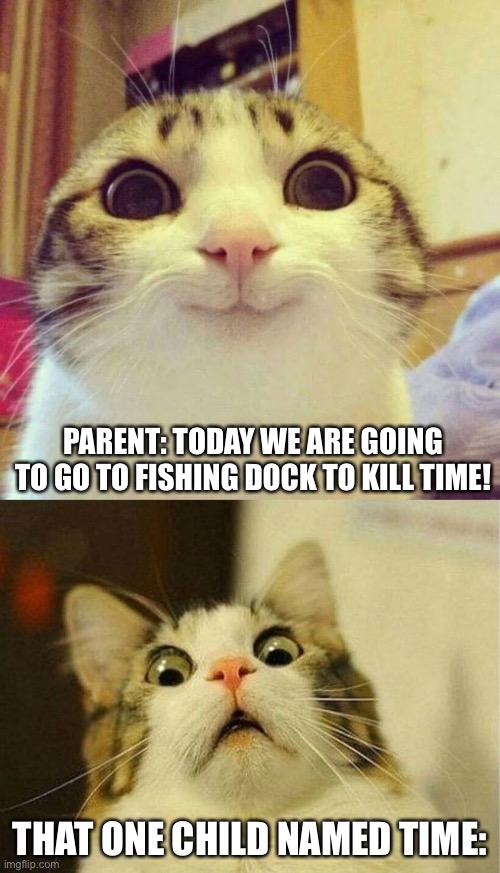 :0 | PARENT: TODAY WE ARE GOING TO GO TO FISHING DOCK TO KILL TIME! THAT ONE CHILD NAMED TIME: | image tagged in memes,smiling cat,scared cat | made w/ Imgflip meme maker