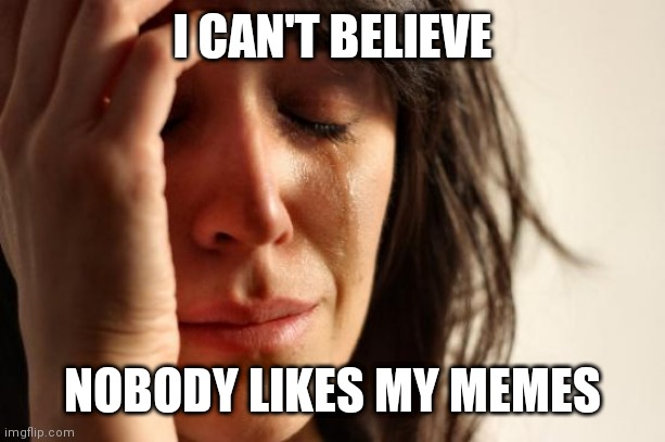 First World Problems Meme | I CAN'T BELIEVE; NOBODY LIKES MY MEMES | image tagged in memes,first world problems | made w/ Imgflip meme maker