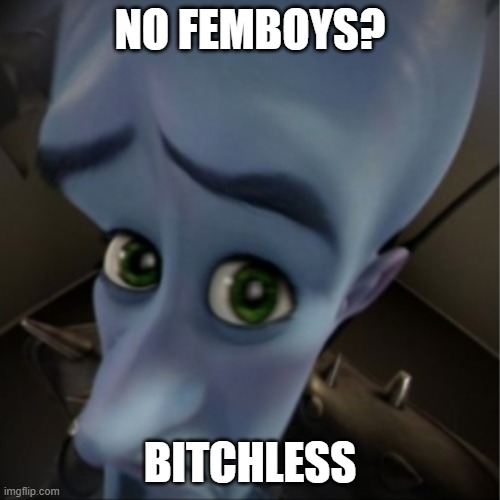 Megamind peeking | NO FEMBOYS? BITCHLESS | image tagged in megamind peeking | made w/ Imgflip meme maker