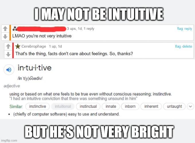 Soresu Insult Style | I MAY NOT BE INTUITIVE; BUT HE'S NOT VERY BRIGHT | image tagged in star wars,counter burn,invalidation,facts dont care about feelings,thanks,oh no anyway | made w/ Imgflip meme maker