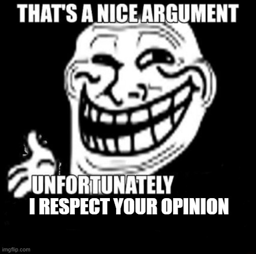 That's a Nice Argument | I RESPECT YOUR OPINION | image tagged in that's a nice argument | made w/ Imgflip meme maker