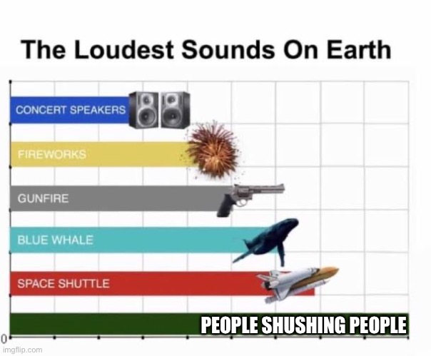 when someone shushes you but its louder than you speaking | PEOPLE SHUSHING PEOPLE | image tagged in the loudest sounds on earth | made w/ Imgflip meme maker