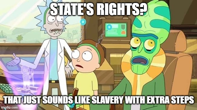 Slavery with extra steps | STATE'S RIGHTS? THAT JUST SOUNDS LIKE SLAVERY WITH EXTRA STEPS | image tagged in slavery with extra steps | made w/ Imgflip meme maker