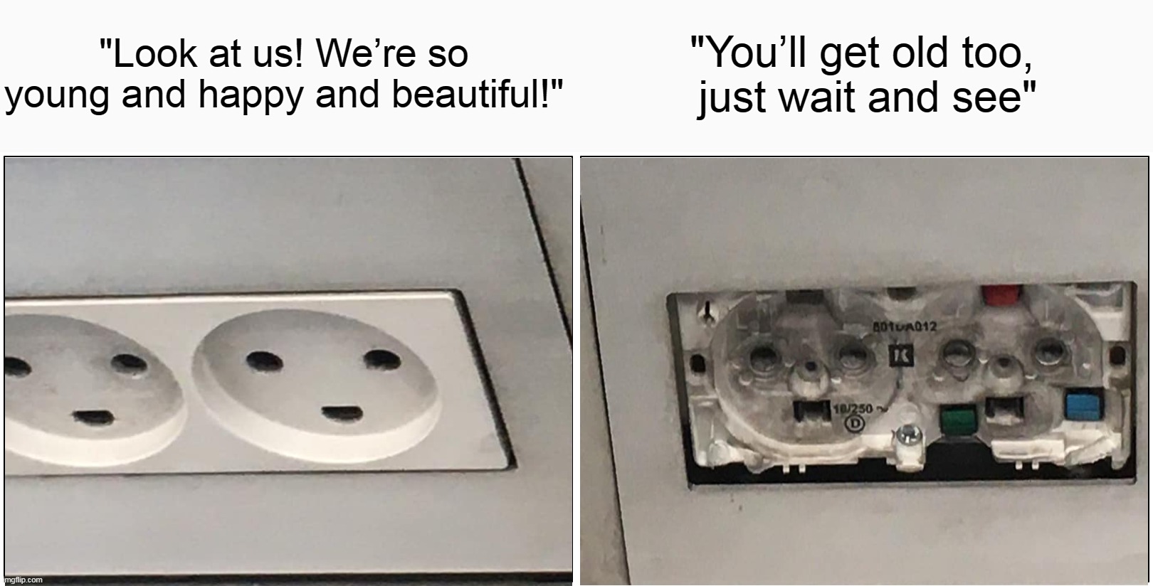 Faster Than Expected | "Look at us! We’re so young and happy and beautiful!"; "You’ll get old too, 
just wait and see" | image tagged in memes,blank comic panel 2x1,meme,humor | made w/ Imgflip meme maker