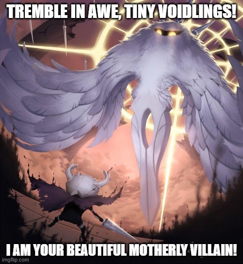 Hollow knight and absolute radiance | TREMBLE IN AWE, TINY VOIDLINGS! I AM YOUR BEAUTIFUL MOTHERLY VILLAIN! | image tagged in hollow knight and absolute radiance | made w/ Imgflip meme maker