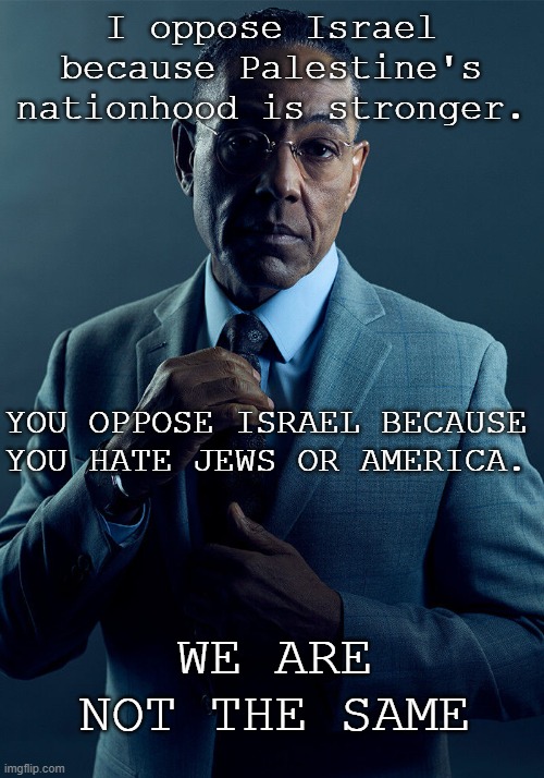 Palestinians have lived in the area longer than modern Jews have, and Israel only has a scroll supporting them. | I oppose Israel because Palestine's nationhood is stronger. YOU OPPOSE ISRAEL BECAUSE YOU HATE JEWS OR AMERICA. WE ARE NOT THE SAME | image tagged in gus fring we are not the same | made w/ Imgflip meme maker