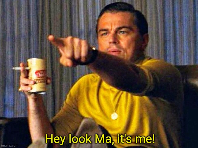 Leonardo Dicaprio pointing at tv | Hey look Ma, it's me! | image tagged in leonardo dicaprio pointing at tv | made w/ Imgflip meme maker