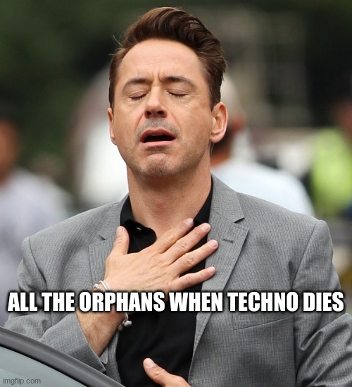 all of da orphans. ALL | ALL THE ORPHANS WHEN TECHNO DIES | image tagged in relieved rdj,technoblade,rip | made w/ Imgflip meme maker