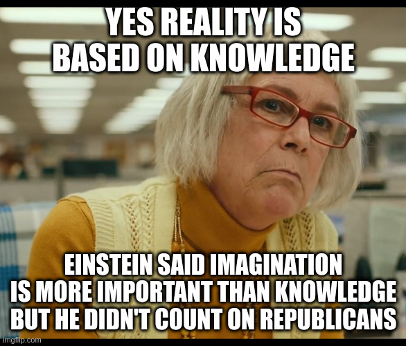 Auditor Bitch | YES REALITY IS BASED ON KNOWLEDGE EINSTEIN SAID IMAGINATION IS MORE IMPORTANT THAN KNOWLEDGE BUT HE DIDN'T COUNT ON REPUBLICANS | image tagged in auditor bitch | made w/ Imgflip meme maker