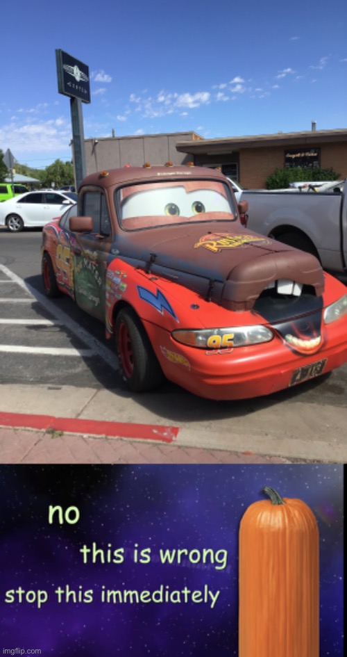 this is a mix of mater and lightning from Cars and it’s horrifying | image tagged in pumpkin facts,cars,fusion | made w/ Imgflip meme maker